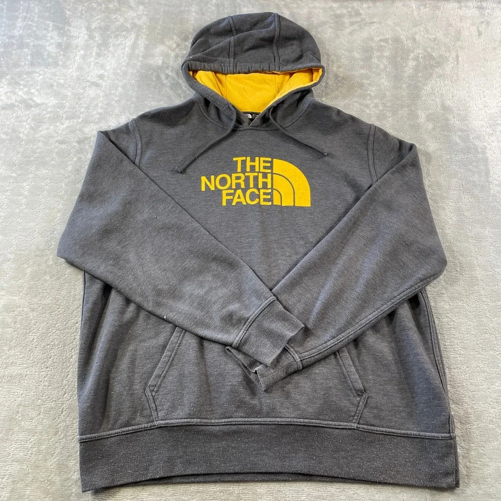 The North Face Pullover Hoodie Mens XL Grey Yellow Logo School Casual Fall